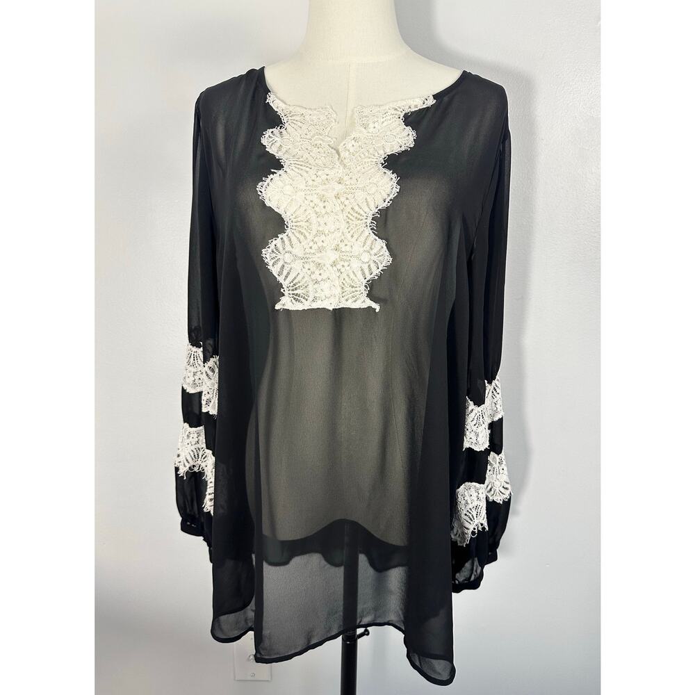 Chico's Black Label Sheer Tunic Blouse Ivory Lace Crochet Detaisl(2) SZ L/12